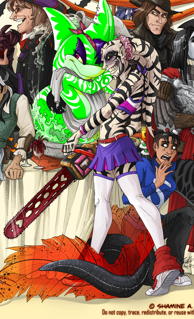 What started as a "quick" redraw of Laz'ab's first pinup got a little out of hand:
https://www.deviantart.com/quarter-virus/art/HAPPY-HALLOWEEN-from-the-Harem-335290190