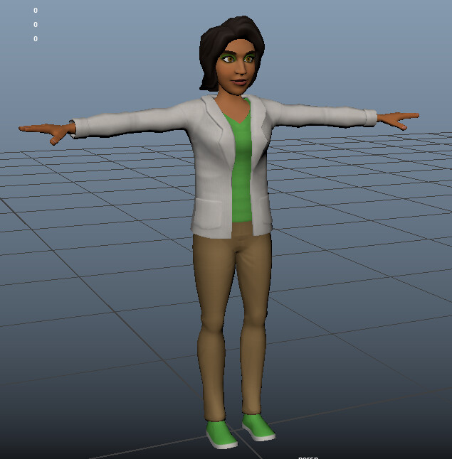 Here we have a science woman fully clothed and textured.  Our games run in WebGL so we bake lighting and details all into the diffuse texture. 