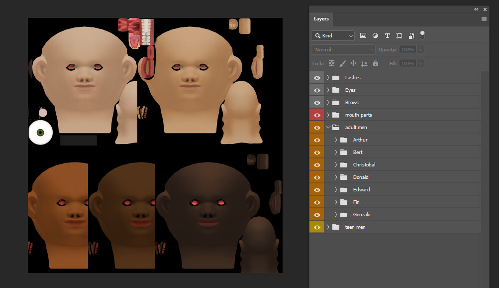 Using vertex color smart material in painter we automated the masking of skin features like lips, eyesockets, eyelashes, nose holes, and skin.  This allowed us to bake out a library of skintones for each head to mix and match in photoshop.