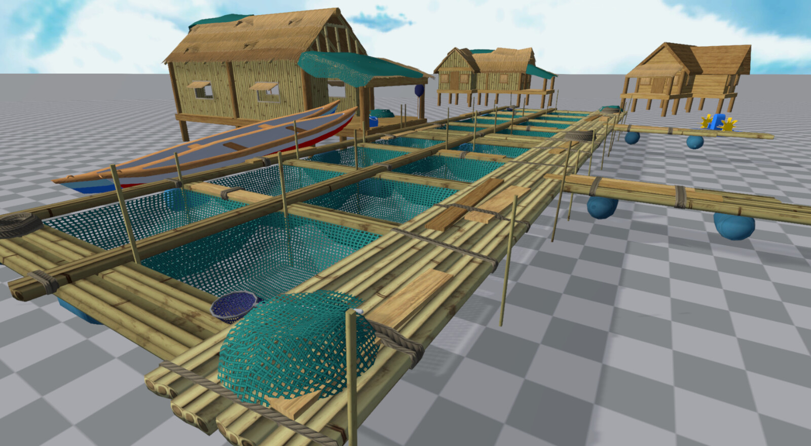 A fishing dock with nets and some more shell buildings in the background.