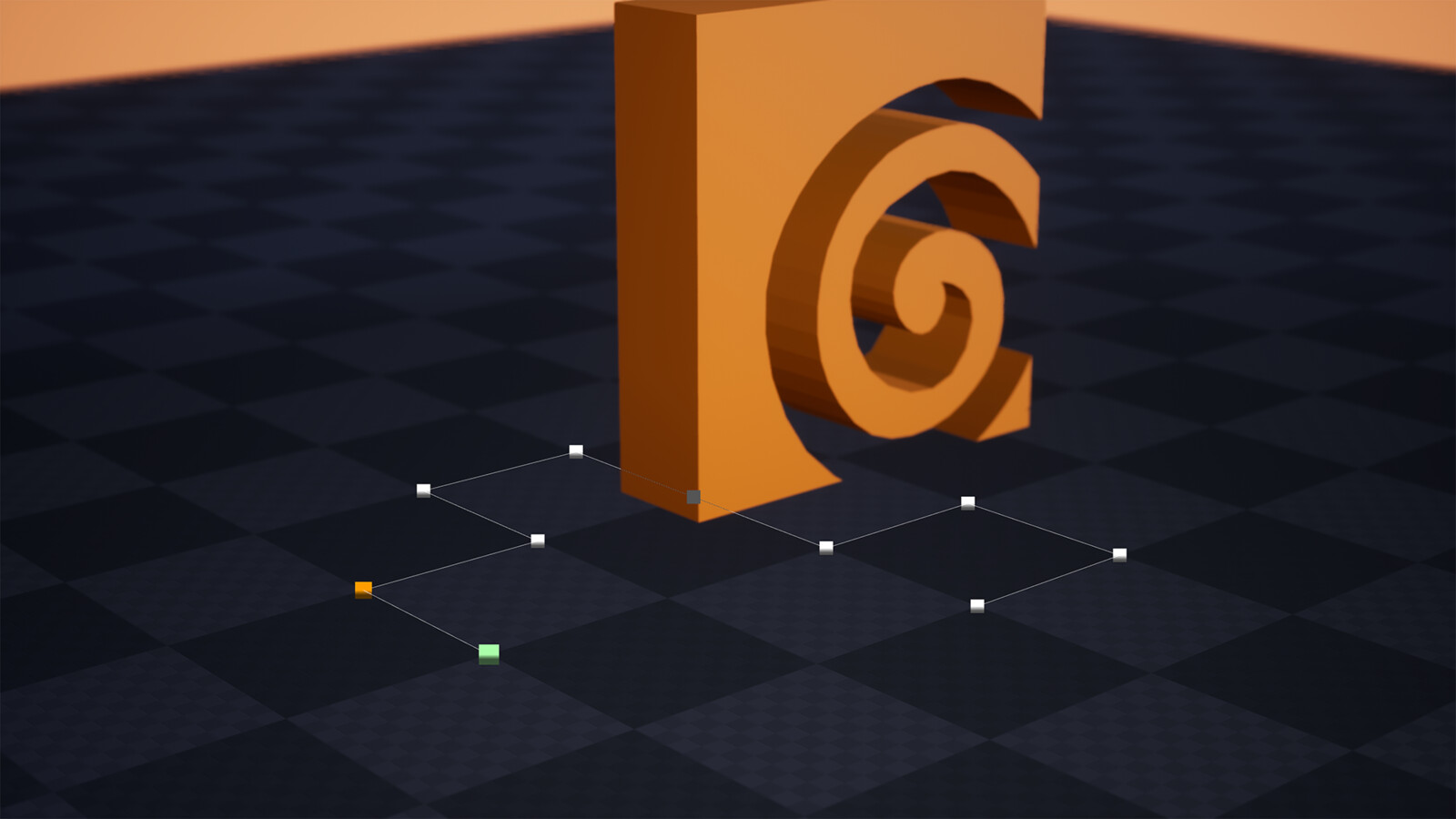 Importing the .hda file of the tool into Unreal gives you a four-point spline. This view is what you see when you click "Layout Edit" mode. Alt-clicking and dragging a node will add a new point and add a new room to the house.