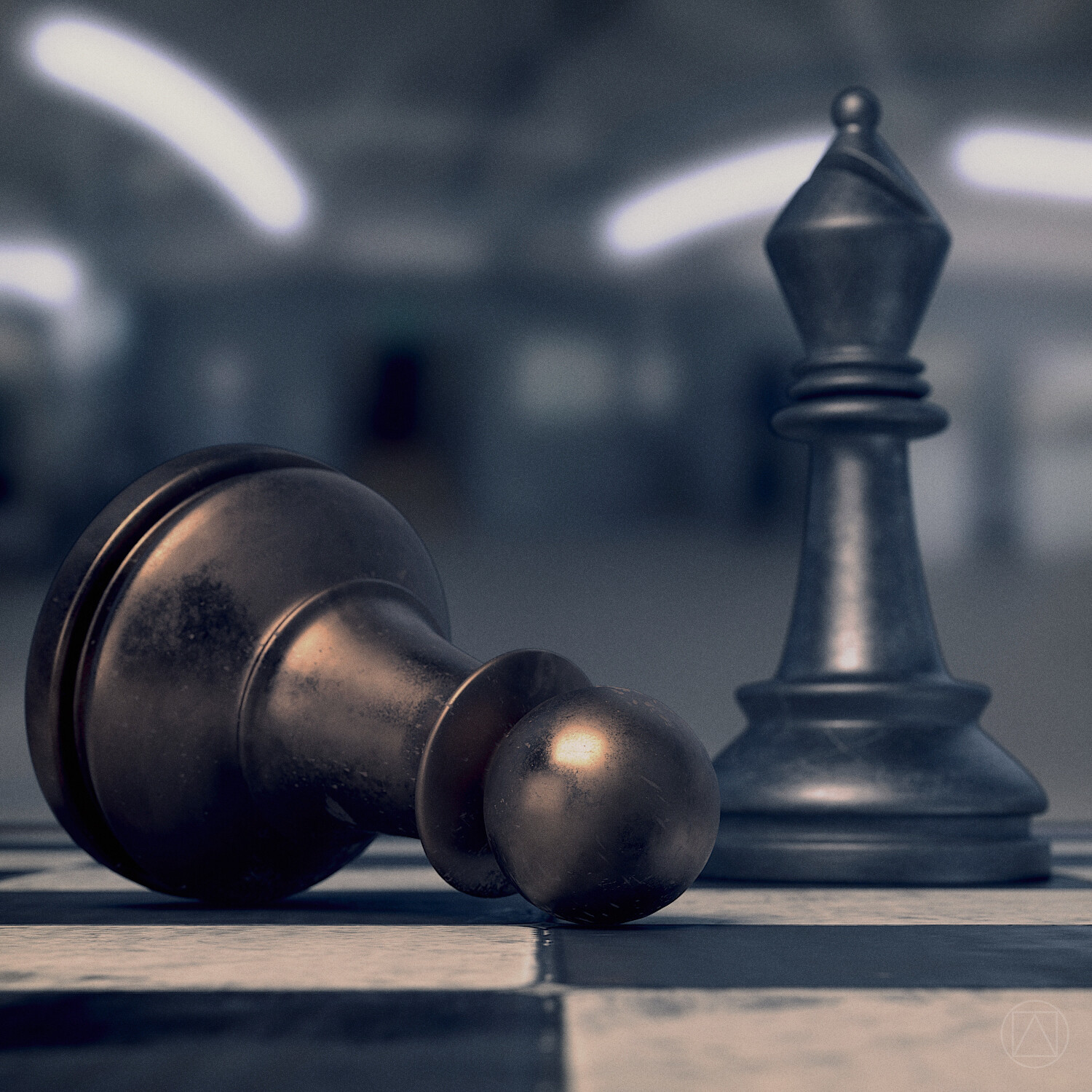 Steel bishop vs bronze pawn. Rendered in Cycles.