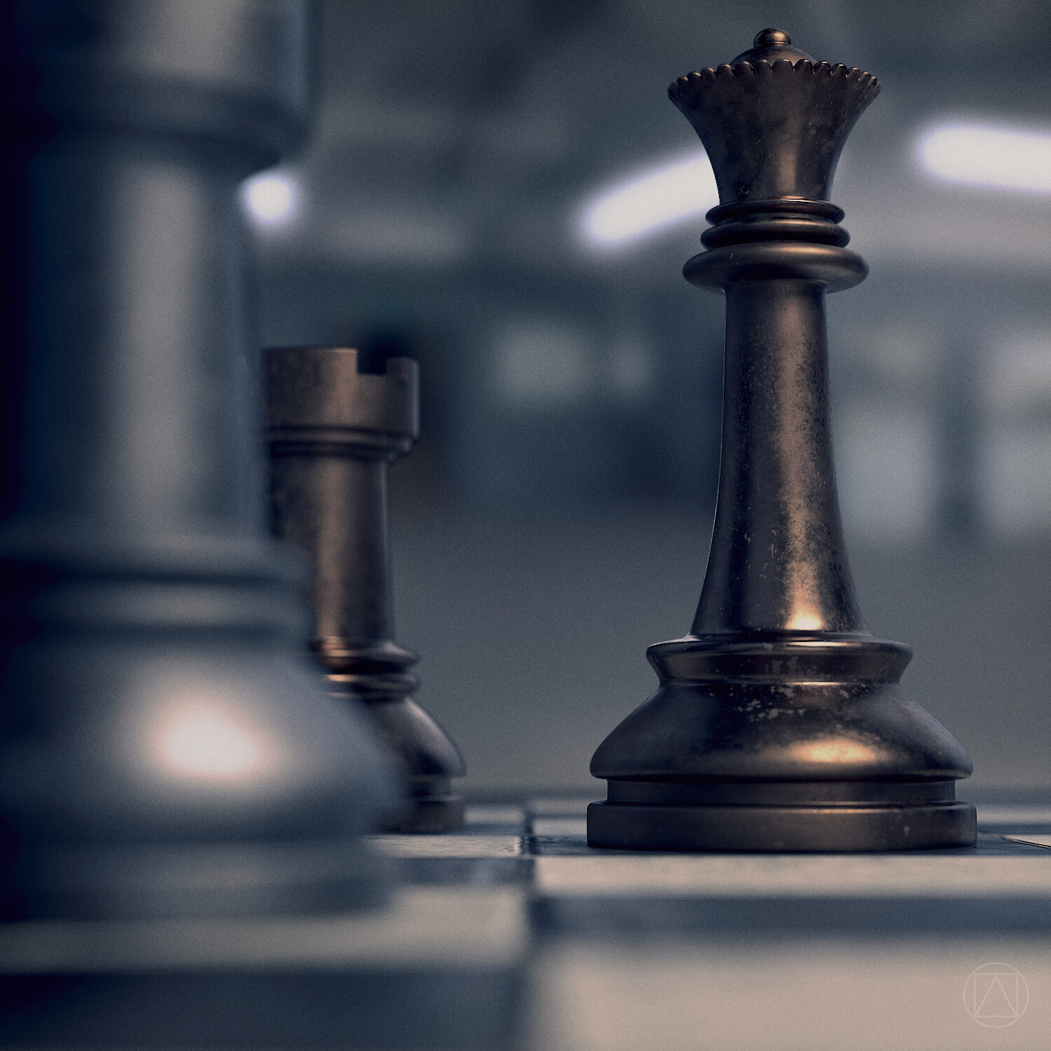 Bronze queen and bronze rook vs steel rook. Rendered in Cycles.