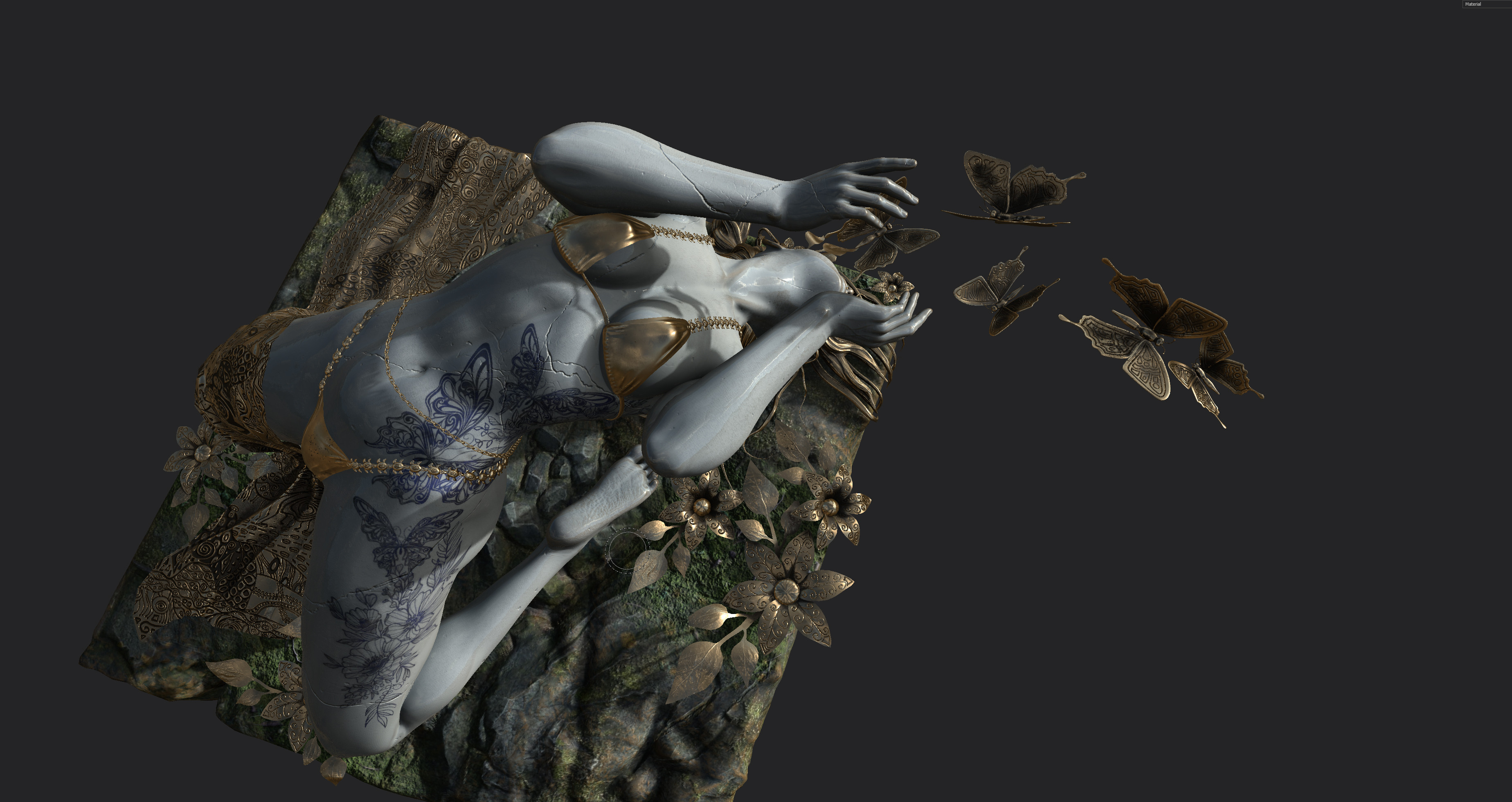 Lady butterfly statue porcelaine and tattoo style