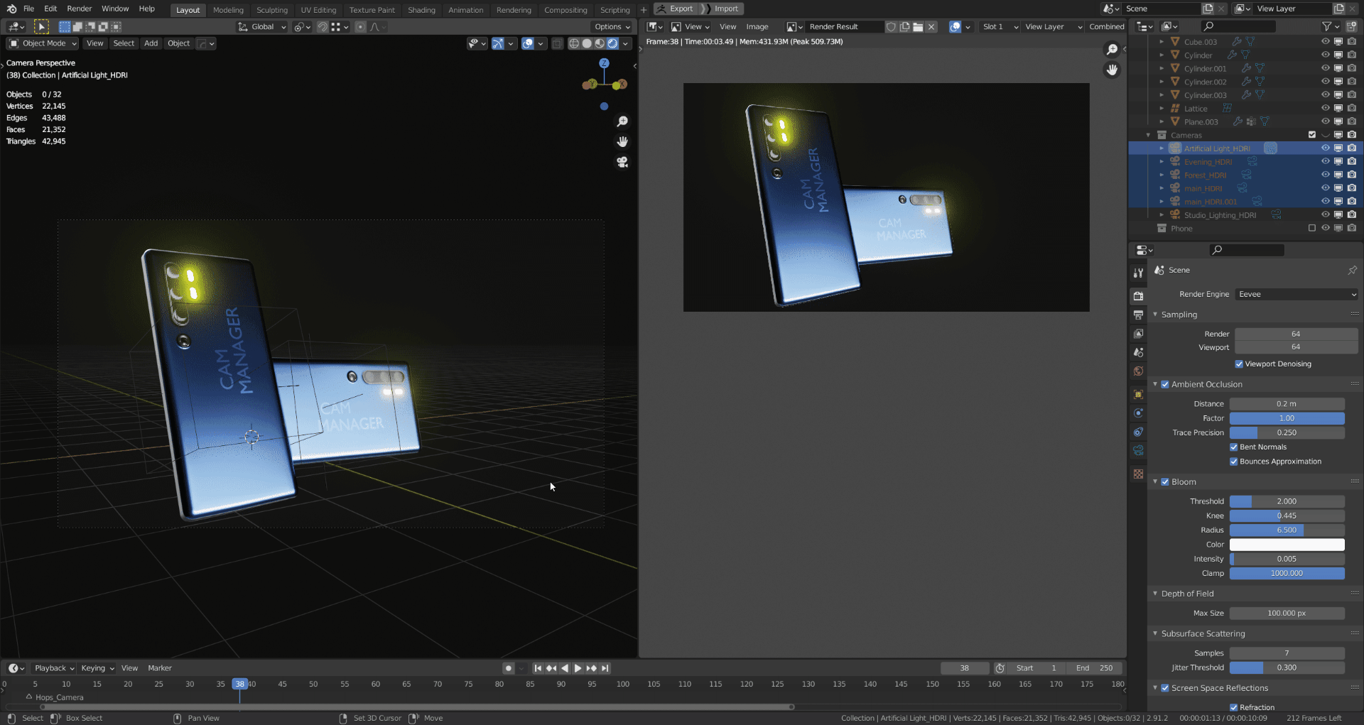 Assign render slots, world materials, and exposure values to individual cameras.
