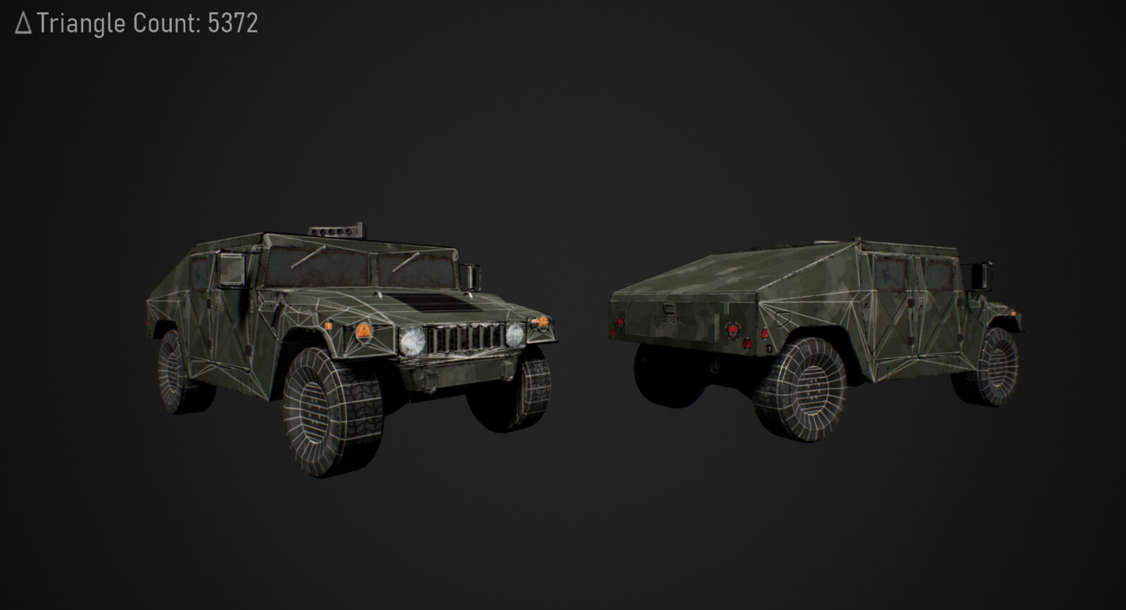 Wireframe and triangle count of the hero prop of the scene, a military humvee 