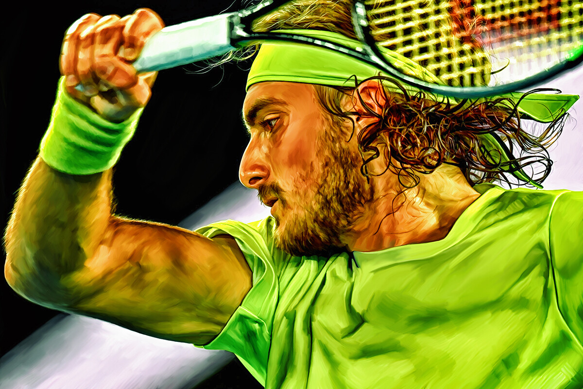 Artstation Stefanos Tsitsipas At Australian Open 2021 Close Up Digital Artwork Portrait Tennis Fan Art Gift Sam Brannan