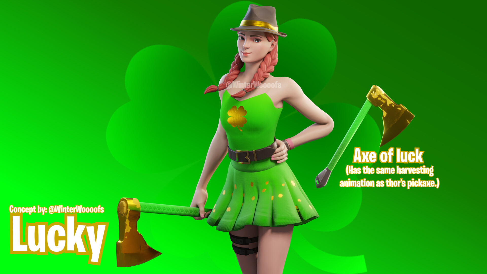 Lucky features a fashionable green dress with a gold clover design to match...