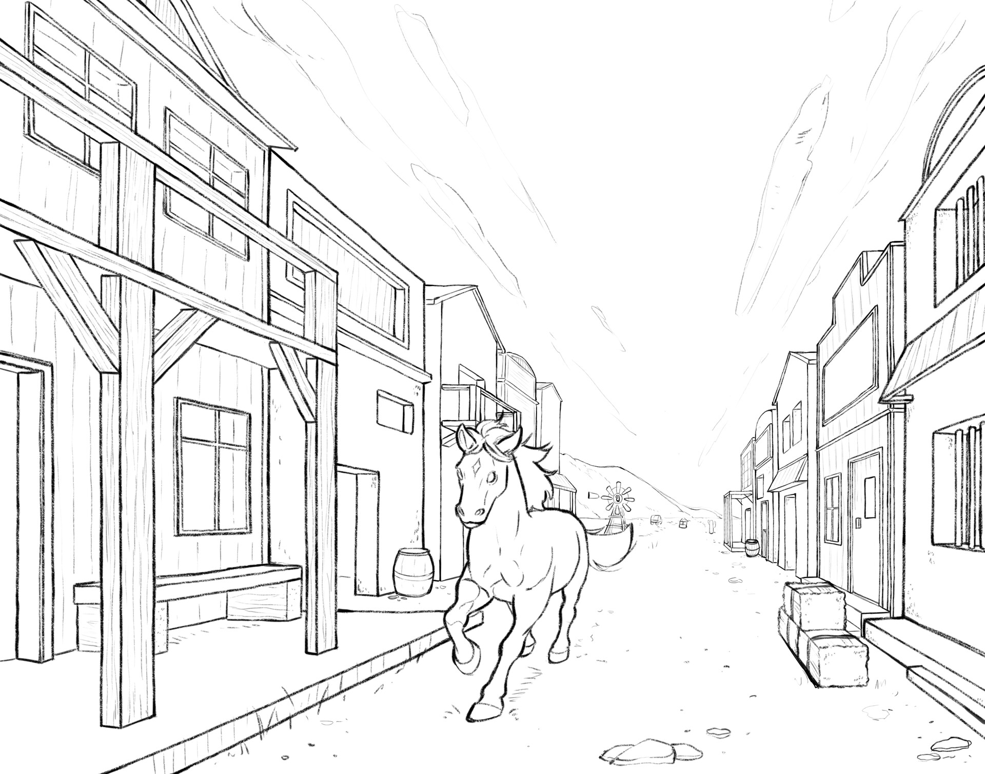 Old Western Town Drawing