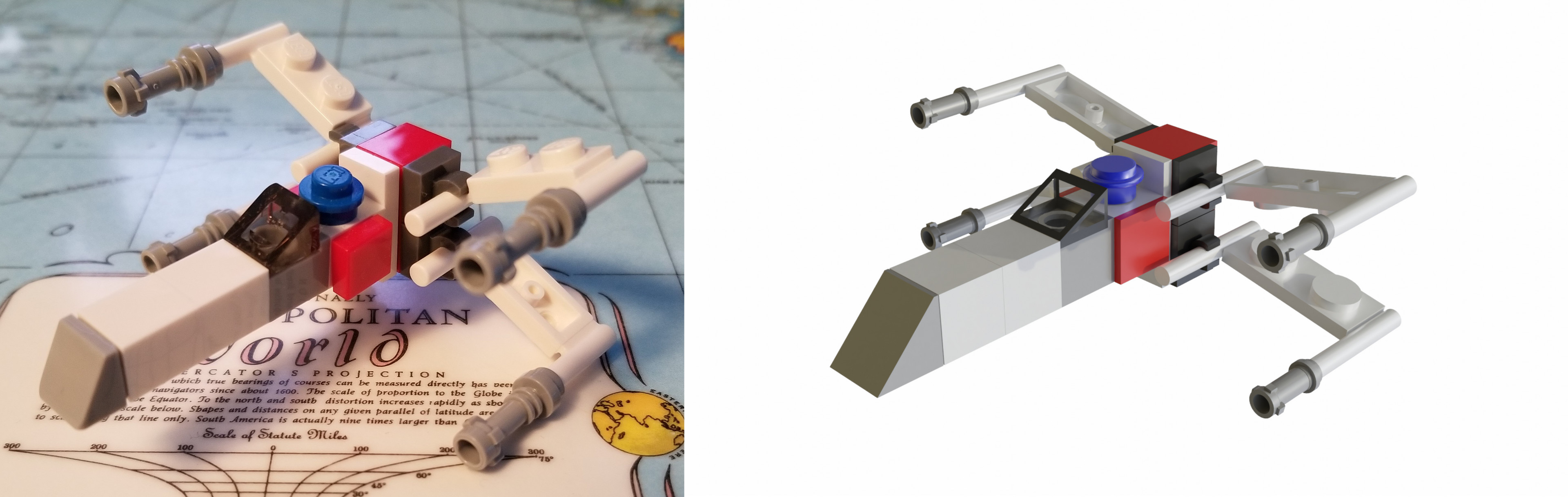 Comparison between the real life Lego X-Wing I have and the one I 3D modeled