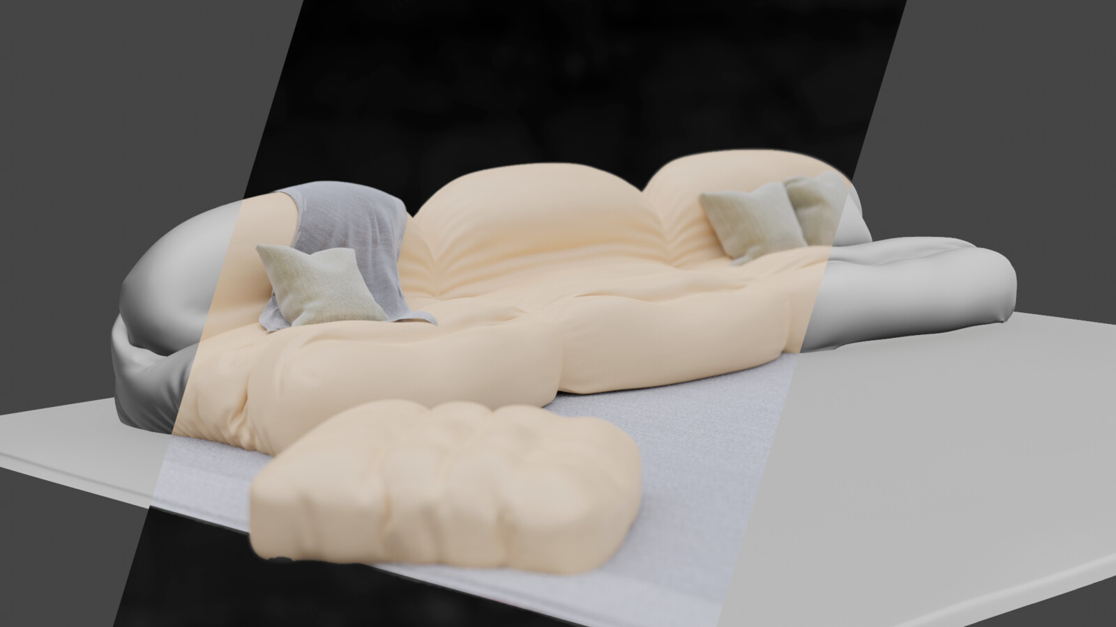 Couch and pillows, natural shapes achieved only through cloth simulations. 