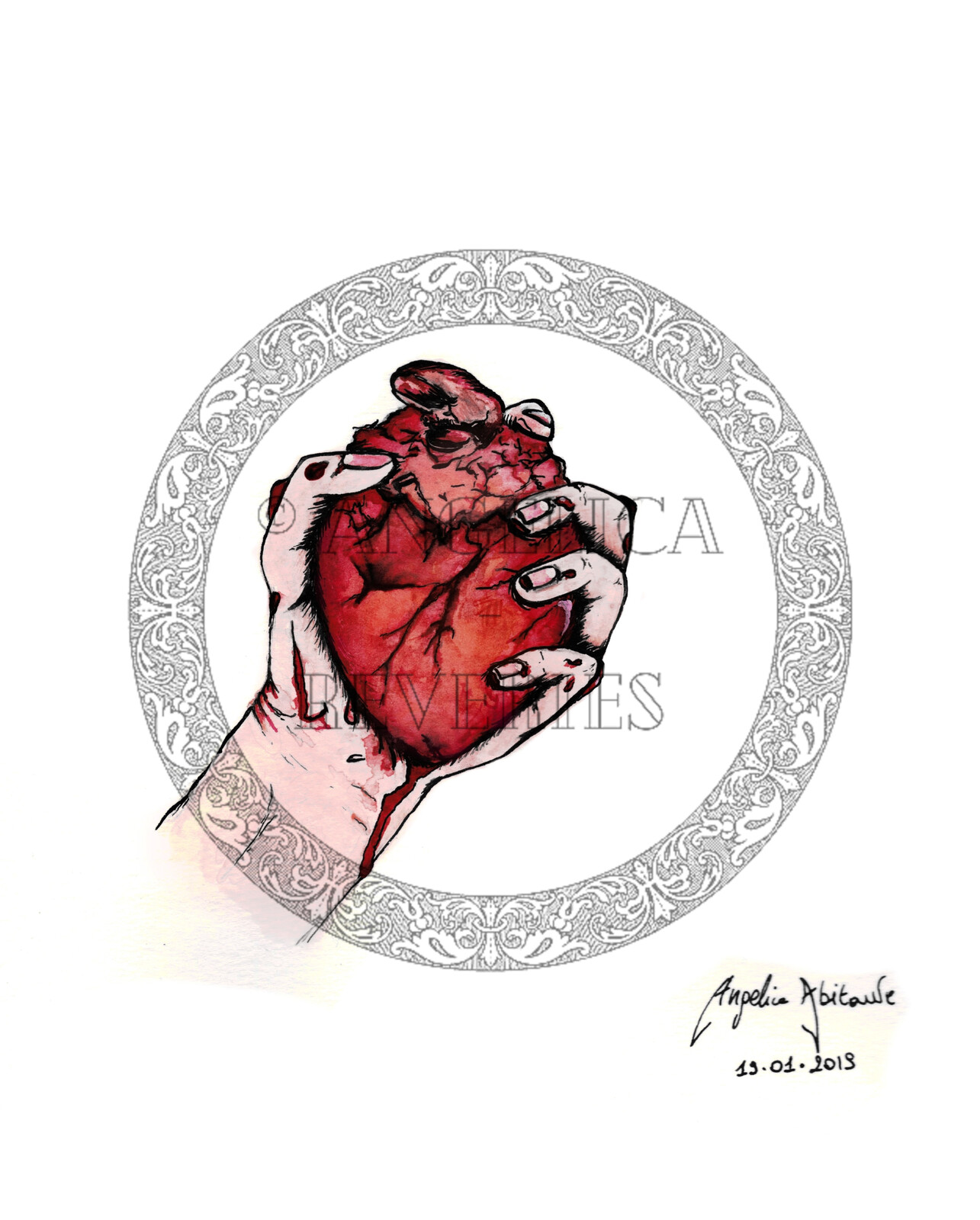 "Hold me close"
Anatomical heart study #3
Inks and watercolors.

