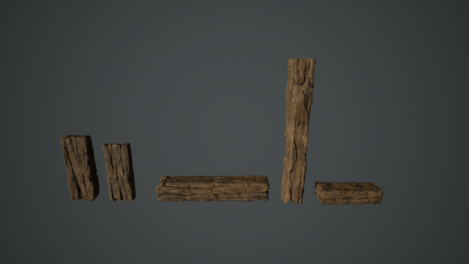 Wood meshes scattered throughout the scene