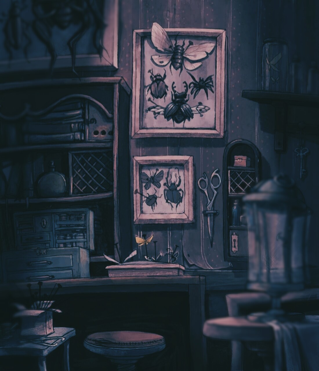 Bug collector's workshop. The first concept I made for this project.  I focused on mood, light and details you'd want to look closer at.     