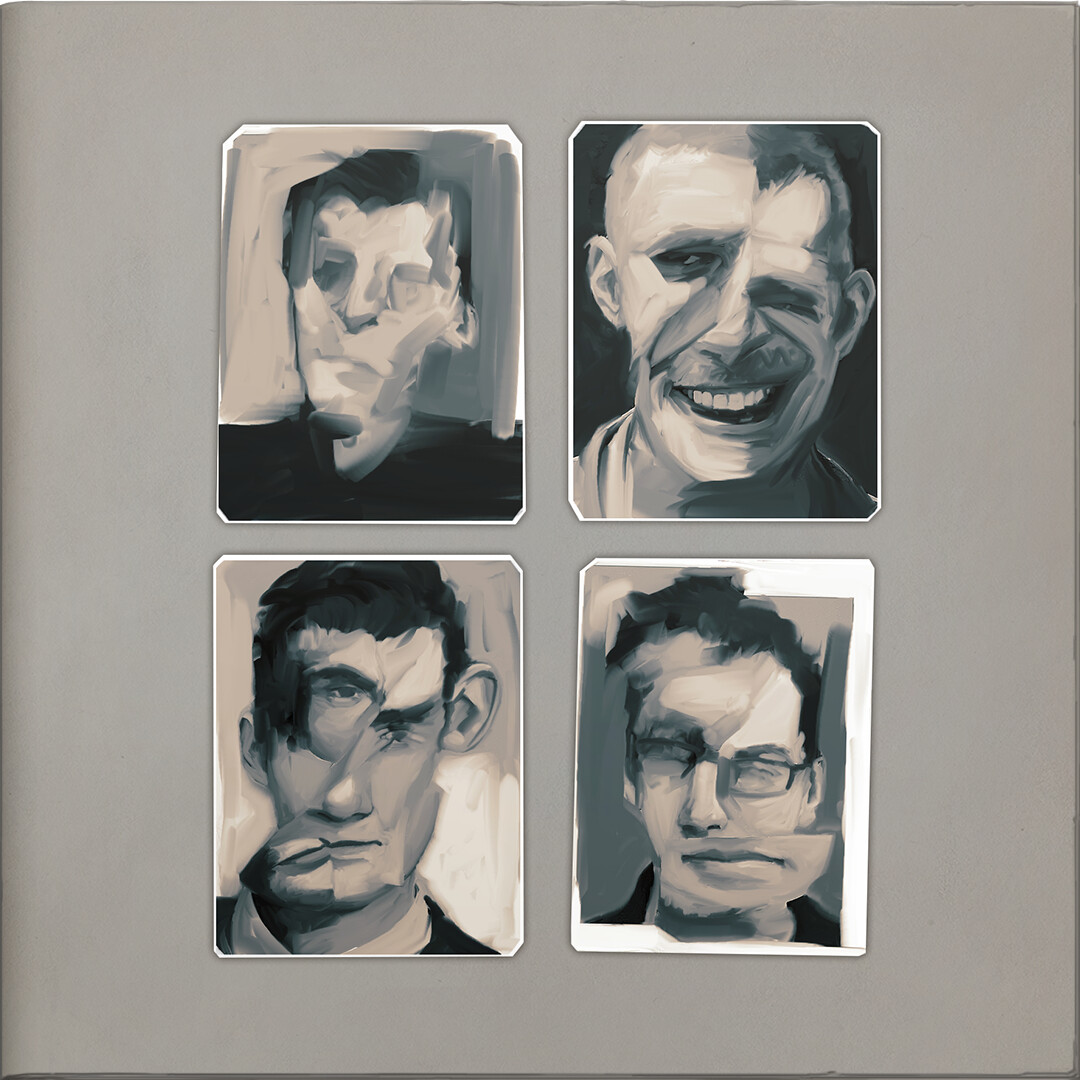 I made the faces using the "this person does not exist" generator and then cut them up, distorted and painted them to look like the creations of someone with a very strange hobby.