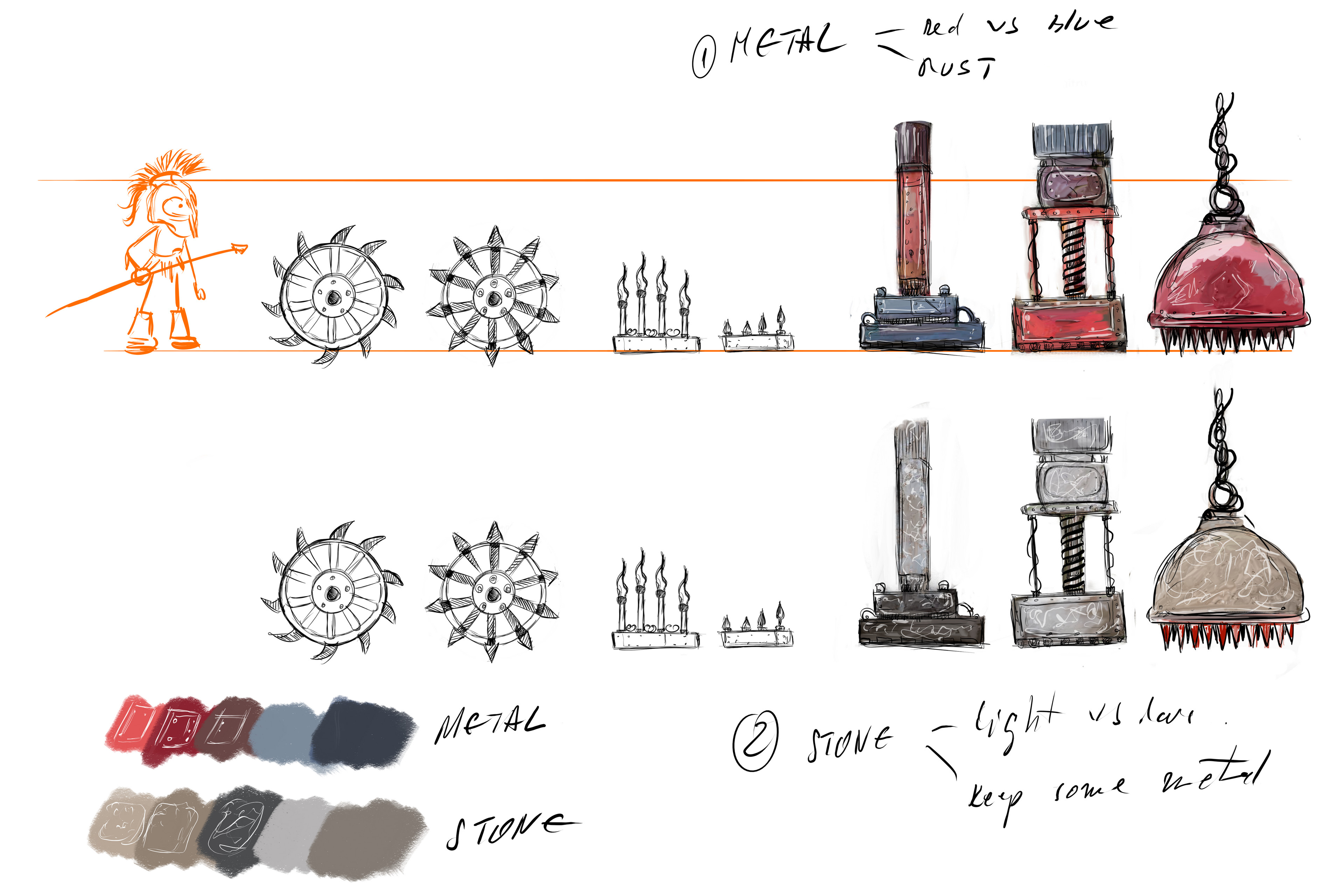 Environment early concept sheet, Double Moon, platform and obstacle