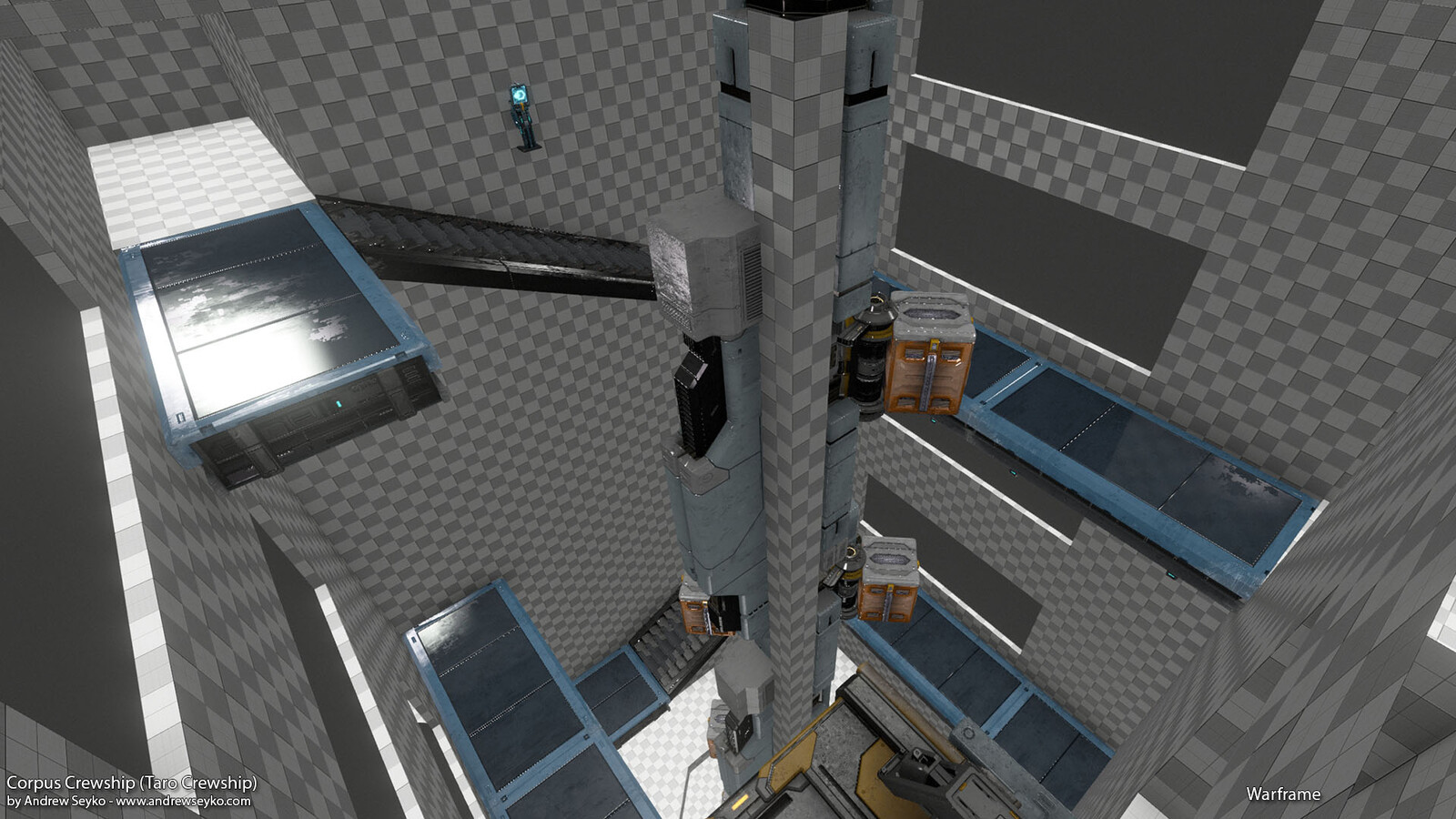 Early CSG Blockout of the Crewship. Early on, it was very compact and had rotating cargo in the middle as a traversal obstacle. 