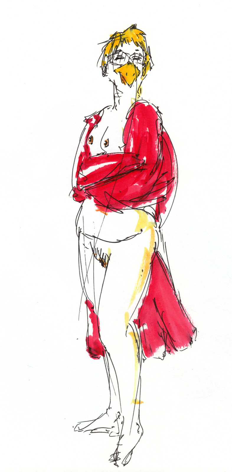 This is a model from one of our life drawing sessions, me using ballpoint pen, that red ink brush, and watercolours. I also added some bird features to push myself.
