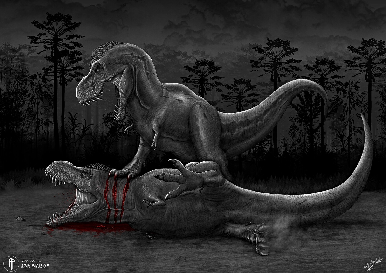 The female Tyrannosaurus kills an opposing female with one blow in order to claim her territory.