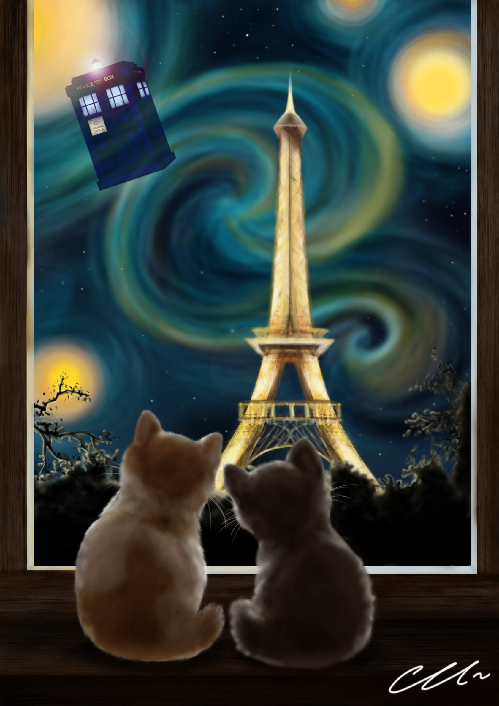 Cats in Paris,romantic night, Eiffel Tower, for cat lovers