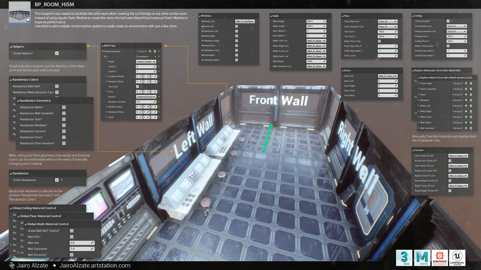 The blueprint allows the artist automatically to randomize these assets as well as their different surface properties to quickly create different bridges with just a few clicks.