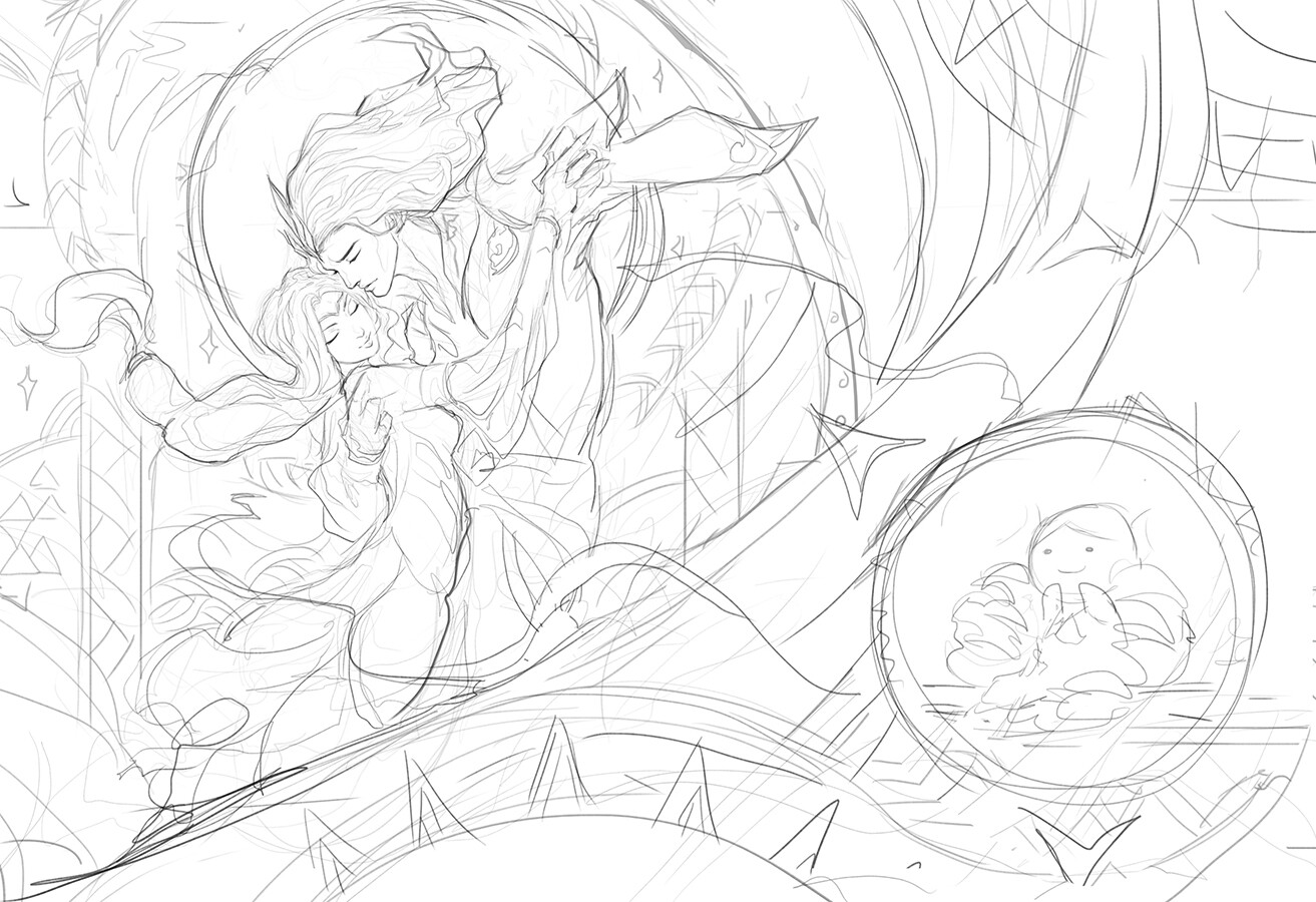 Here are some of the comps I did for the tapestry shot, explored a few poses as we had to make Viego still read when Isolde disappears.