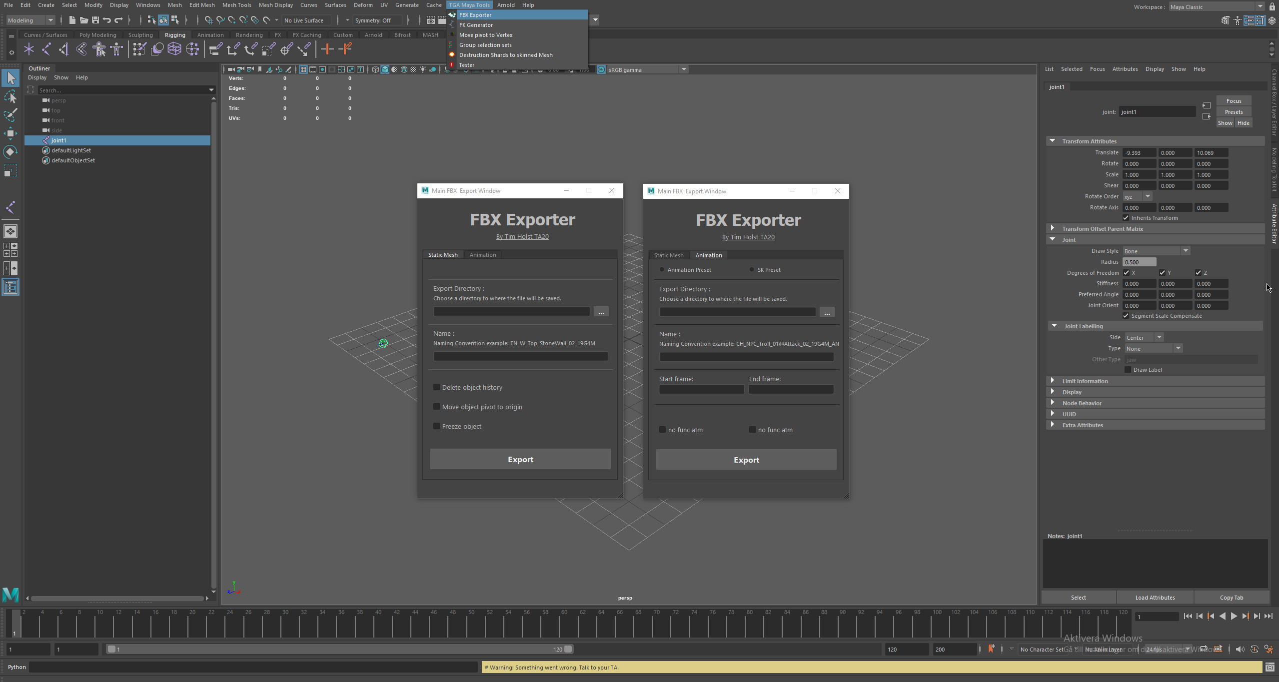Export tool made for our project so every mesh we put into the game had the correct settings.

This and other tools could be accessed trough a drop-down menu that I could easily update and change.

If an error occurred, I was sent a .txt with the error.