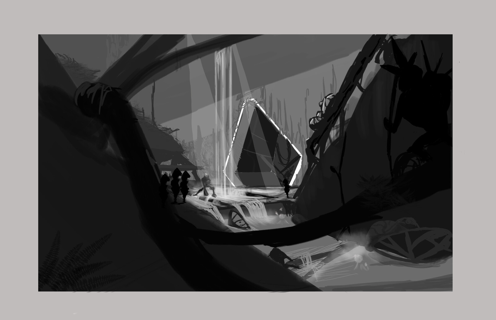 This concept showcases an important scene within the game where the player uses the grappling hook to propel down the side of a waterfall. When he lands there are enemies waiting