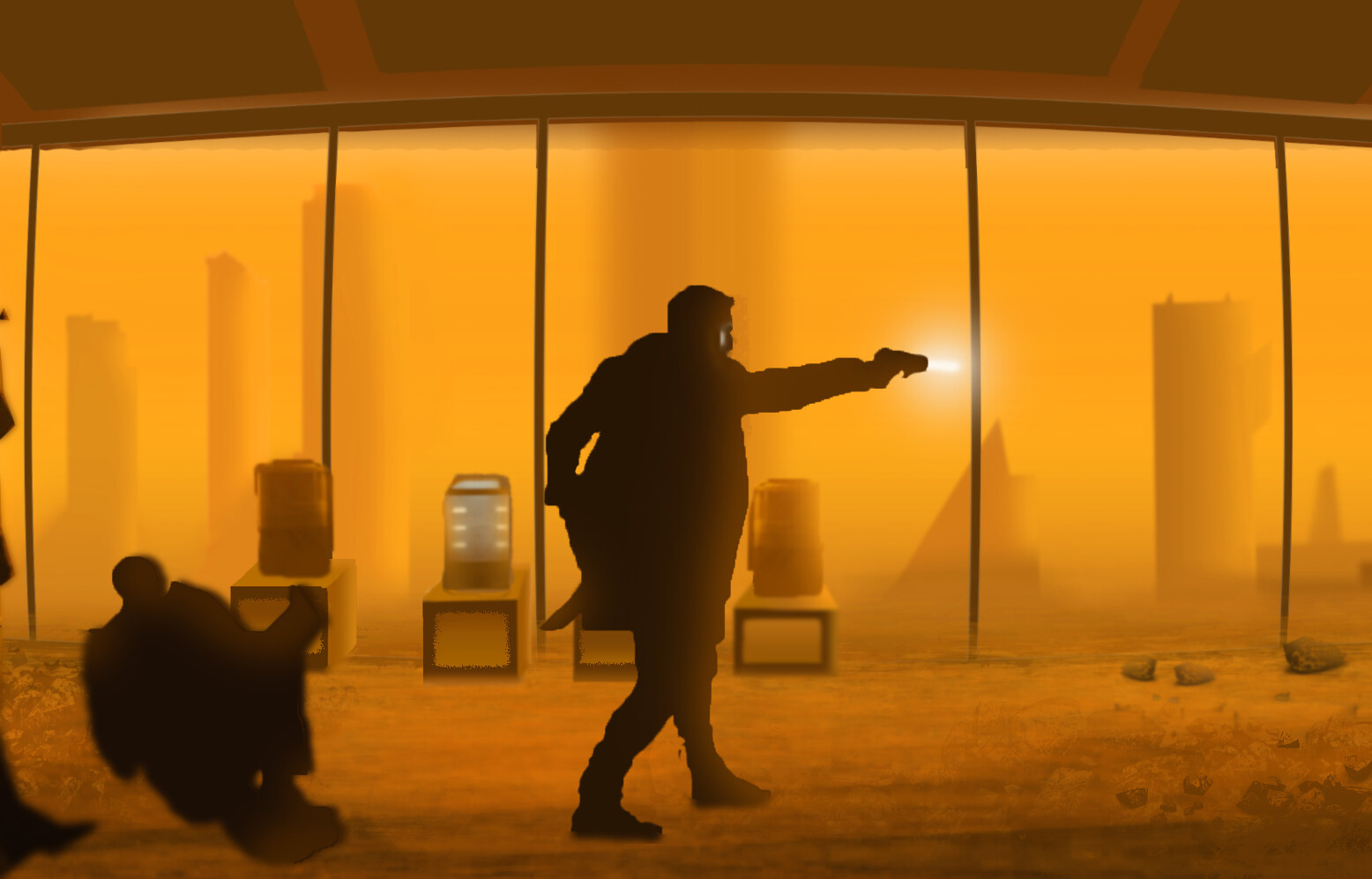 blade runner movie action still of a silhouetted