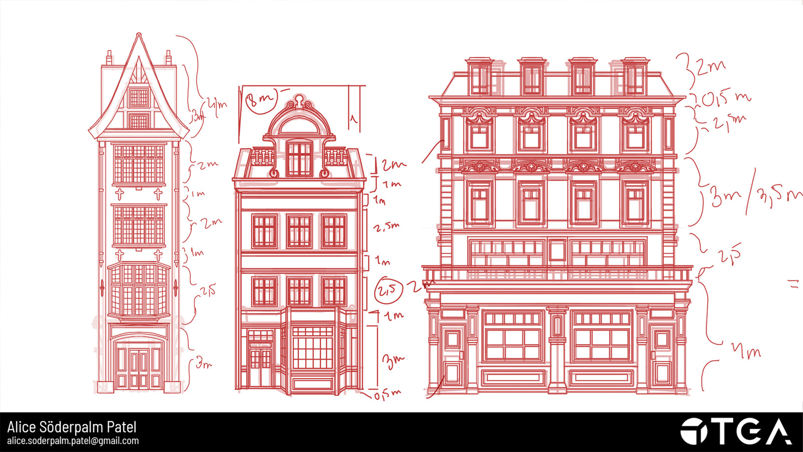 The first rough sketches for the houses along the street. I tried to get houses from different time periods. However due to composition and time restraints I had to deviate a bit from my initial sketch