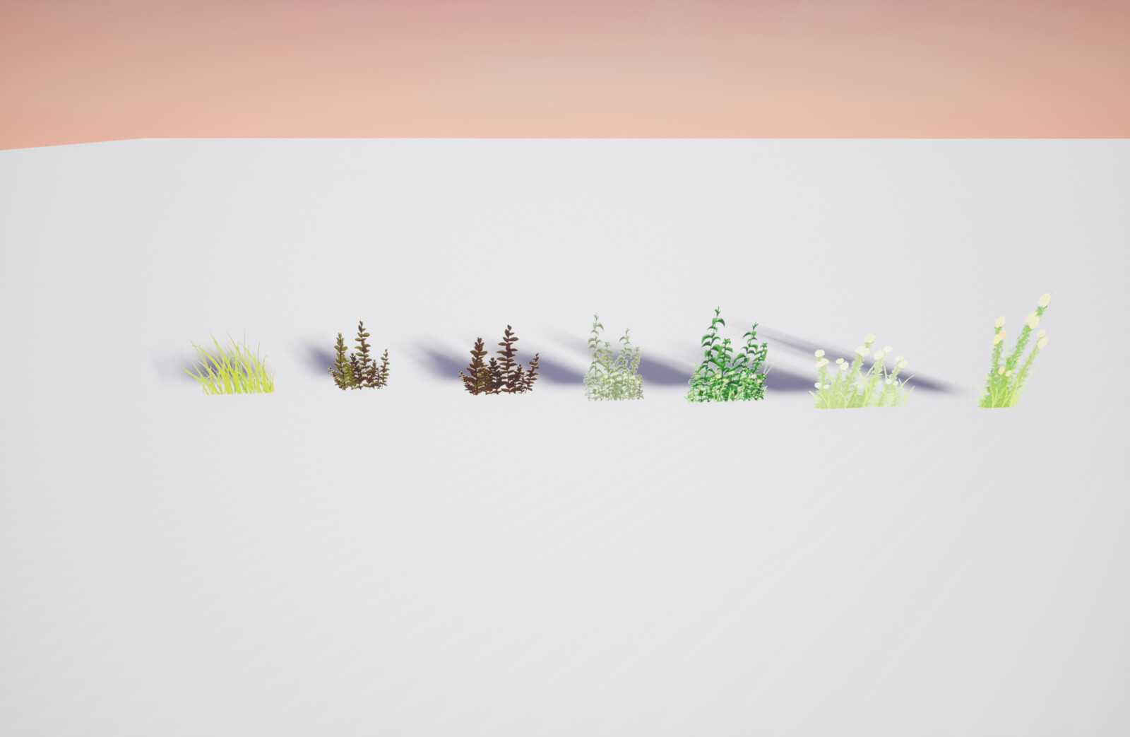 The different types of grass. While originally in different shades of green, the SpeedTreeColourVariation node was used to alter the colour of each grass instance.