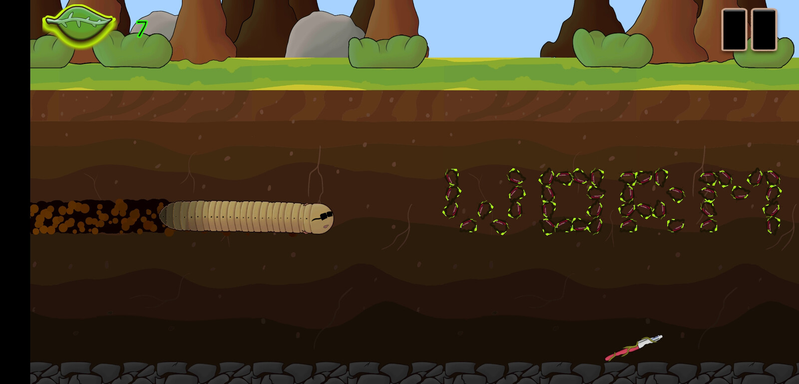 The worm was made with 3 parts, tail, body and head, on the head we place expression or custom props like helmet, with that method made the skin of the worm was not so difficult.