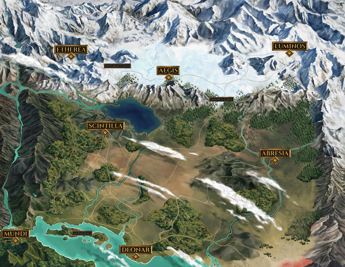 The Daylands - The northern Athenaeum home to the Scholarly Archivists in their mountain strongholds. The Light Plains in the south, home to the ever industrious and expansionist humans, The Solar Hegemony.