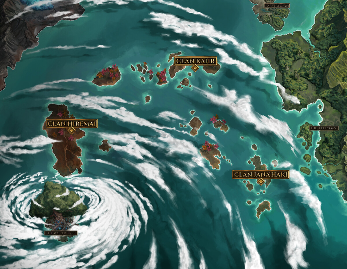 The Midnight isles - Home to the towering Wakewalkers, who pride themselves for their tenacity and fiery dispositions. 

The World Tree - What secrets lie at the center of this storm?