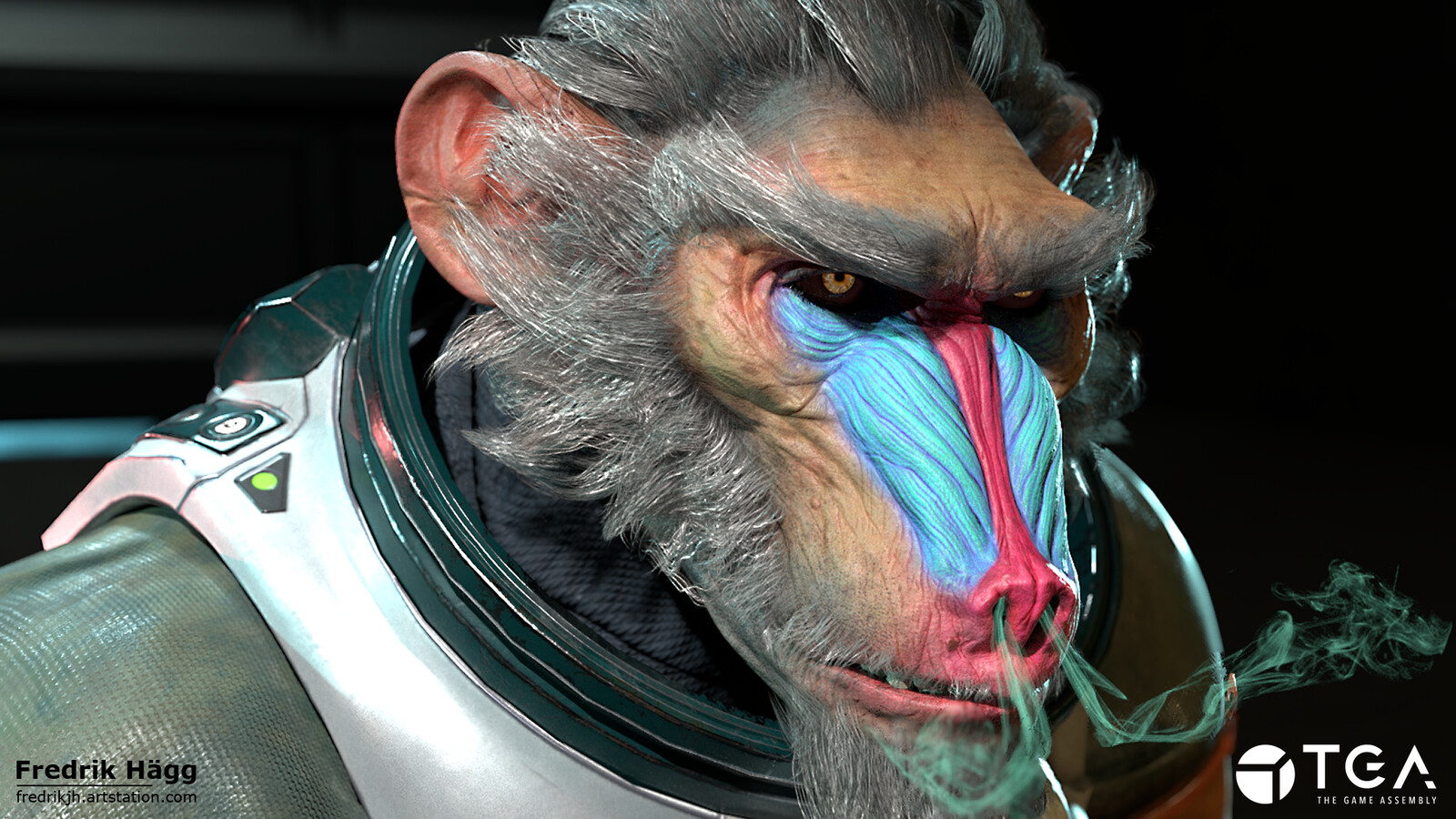 A grumpy hybrid between chimp, man and mandrill. He got into the bad habit of vaping the spicy space-juice during his travels in the Delta Cluster.