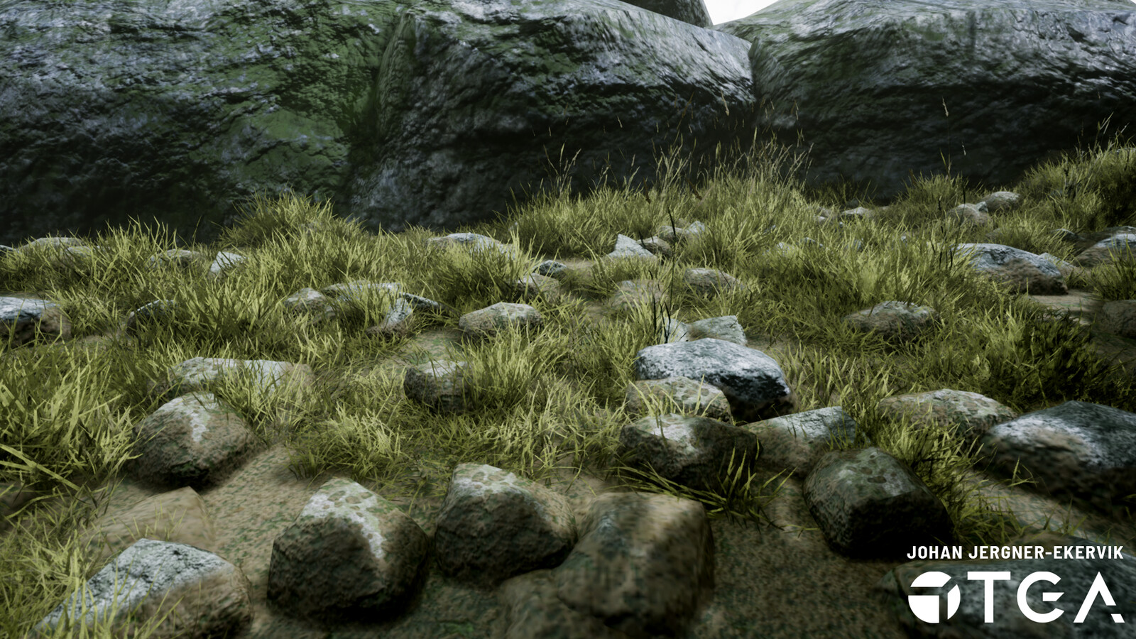 The stones in this scene have a shader that allows them to blend with the ground material. You can adjust how much they will blend.