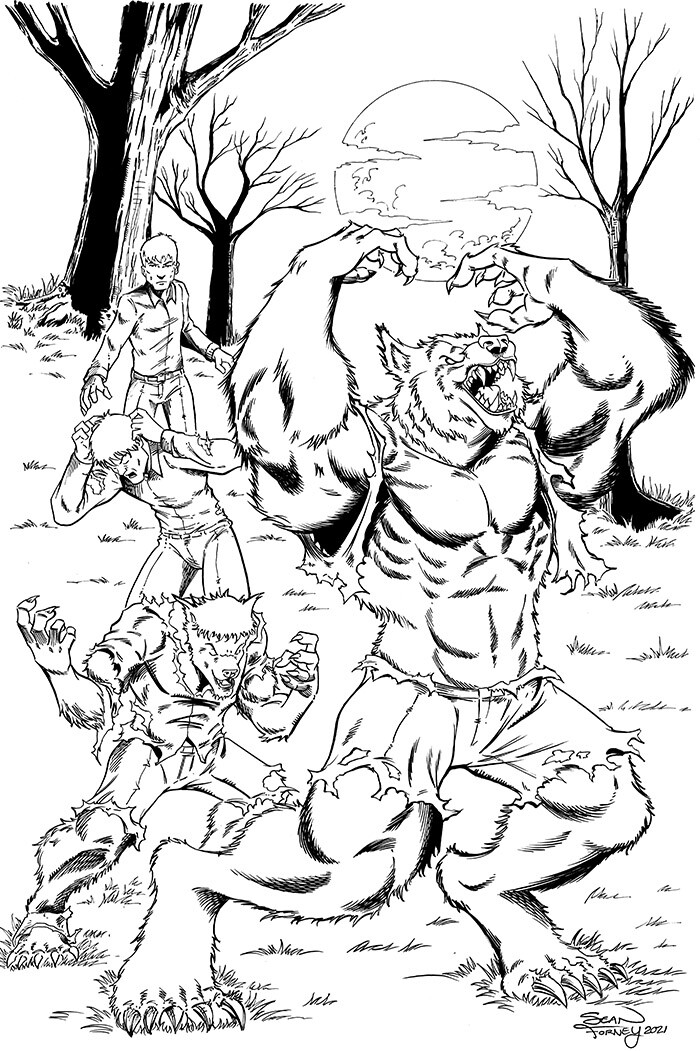 Werewolf transformation artwork from Scarlet's Field Guide to Cryptids and Other Creatures (2021) 

Artwork by Sean Forney 

character and art copyright Sean Forney 2021