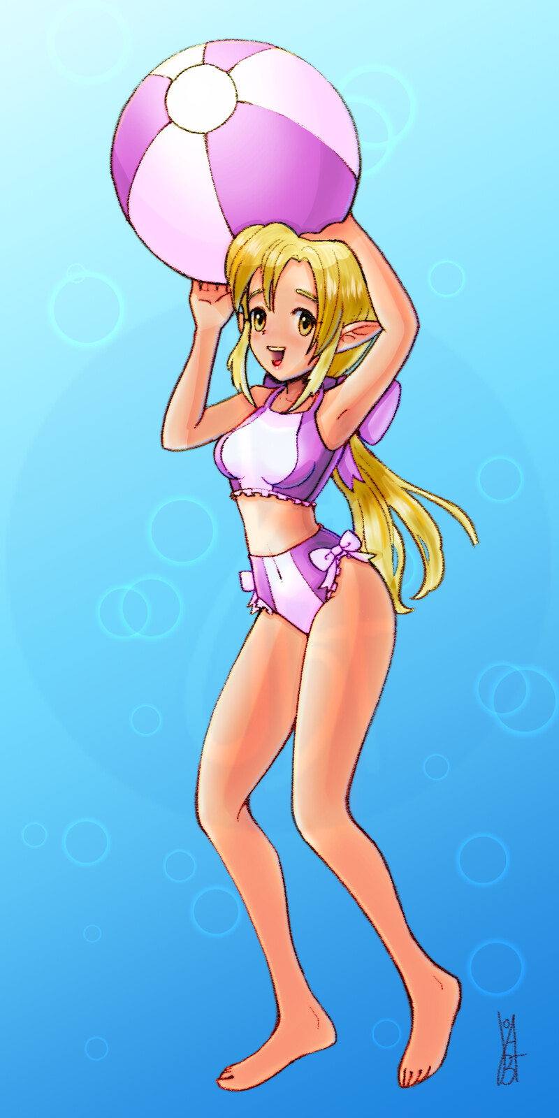A female elf on a purple bikini holding a beach ball.