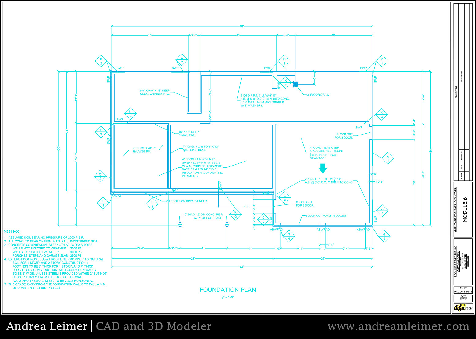 Foundation Floor Blueprint with dimensions, plumbing, and notes.