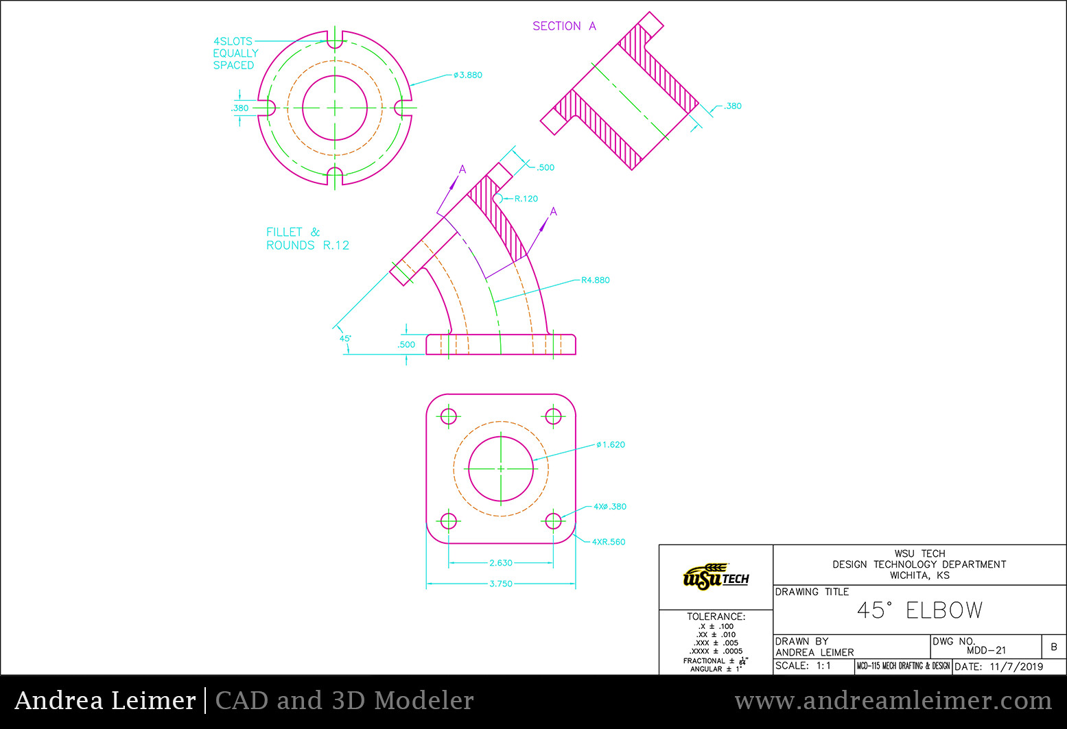 MDD-21 with Front View with Half Section, Bottom View, an Auxiliary View, and an Auxiliary Offset Section View.