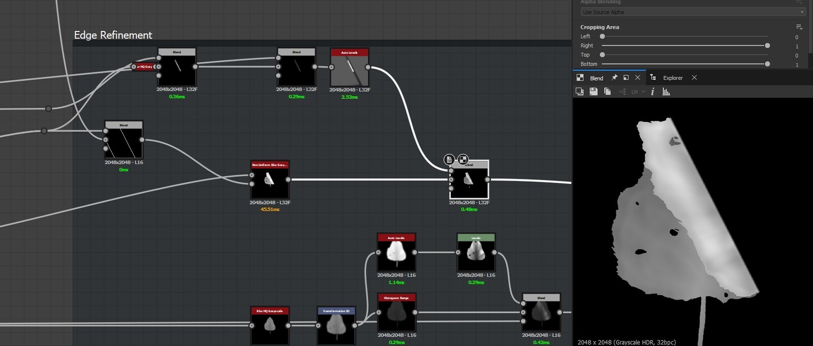 subtle blur effect then subtracting blurred noise near the edge, helps give the leaf a less uniform and procedural look