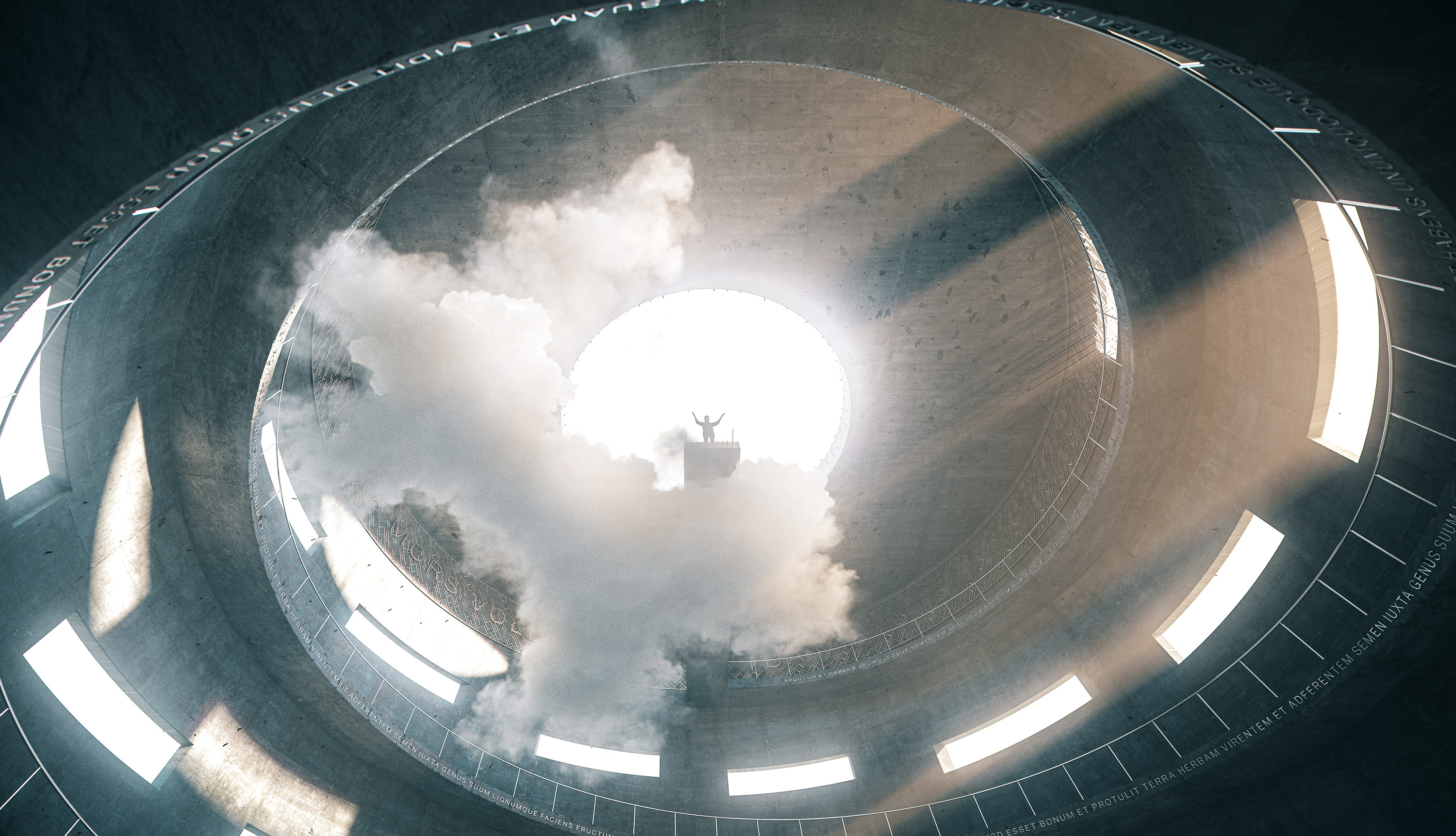 A man is about to commit suicide in Suicidarum silo XXV. Poisonous cloud of  BF₃ obstructs the view of raw concrete floor, encouraging suicider to jump with less hesitation. 