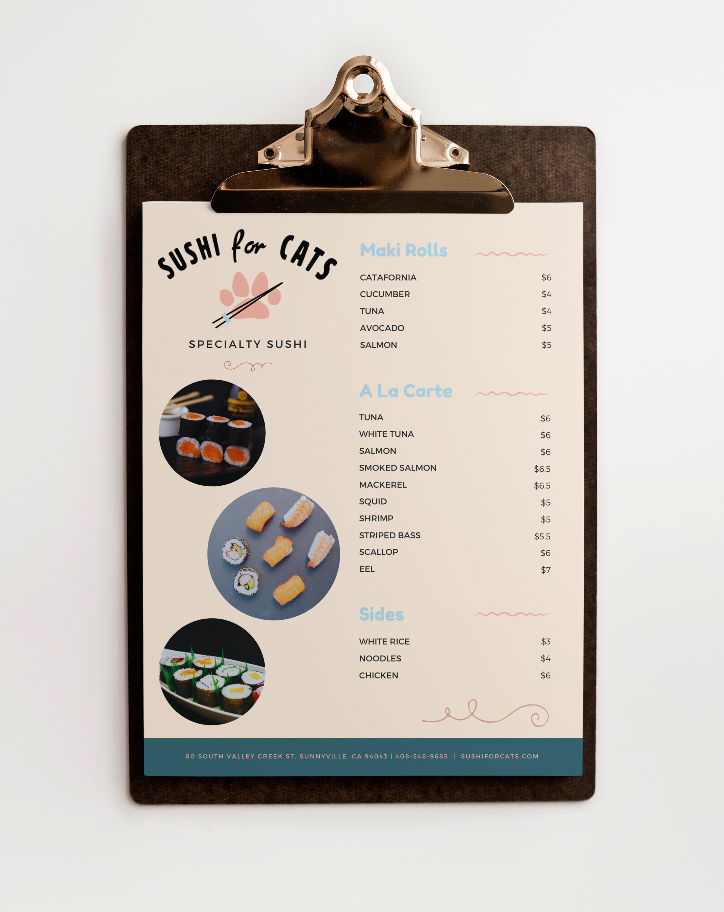 Sushi for Cats menu on a mockup from mrmockup.com