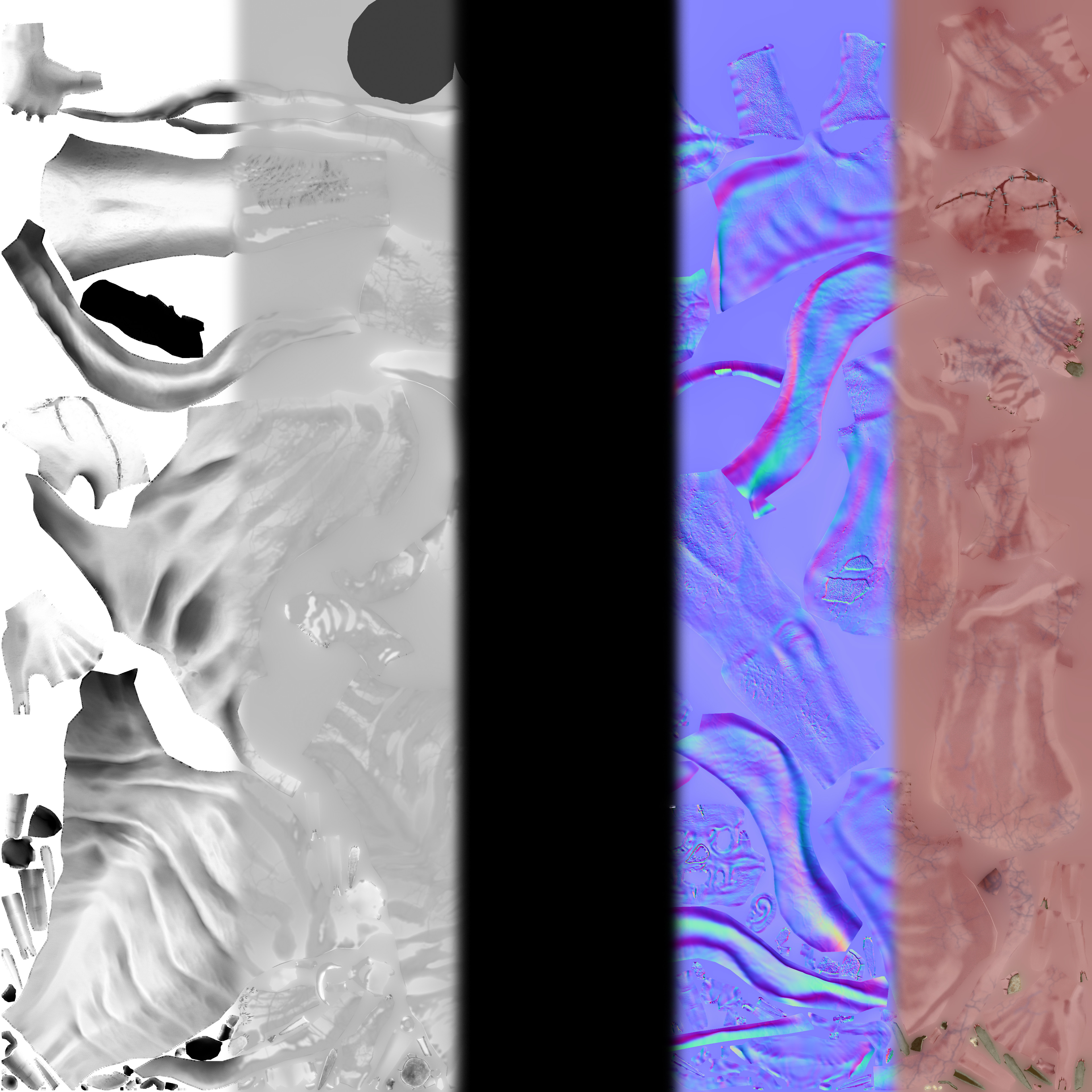 Texture sets used - This excludes the Scatter map used in engine. There's also minor detailing to the metalic - metal staples to the scalp.
AO, Roughness, Metalic, Normal and Diffuse