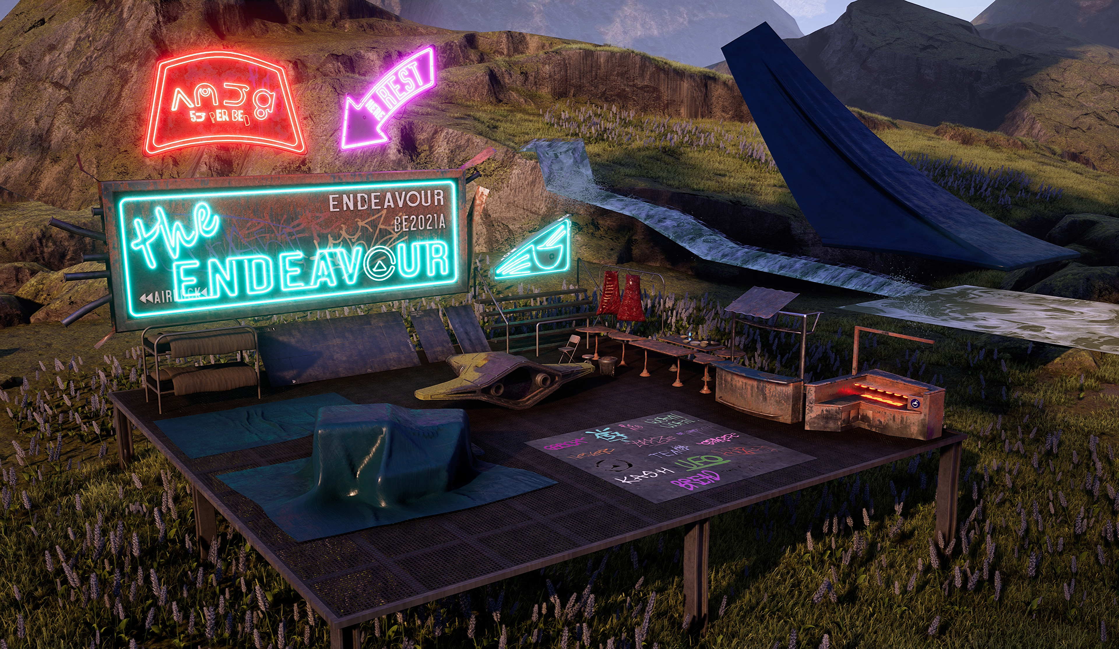 This is an broad overview of the assets I worked on (Foliage and Rocks Excluded).  These assets also heavily utilise a trim sheet made by Adam and occasionally some assets also, like pipes to maximise reuse. (Ship scaled down to present)