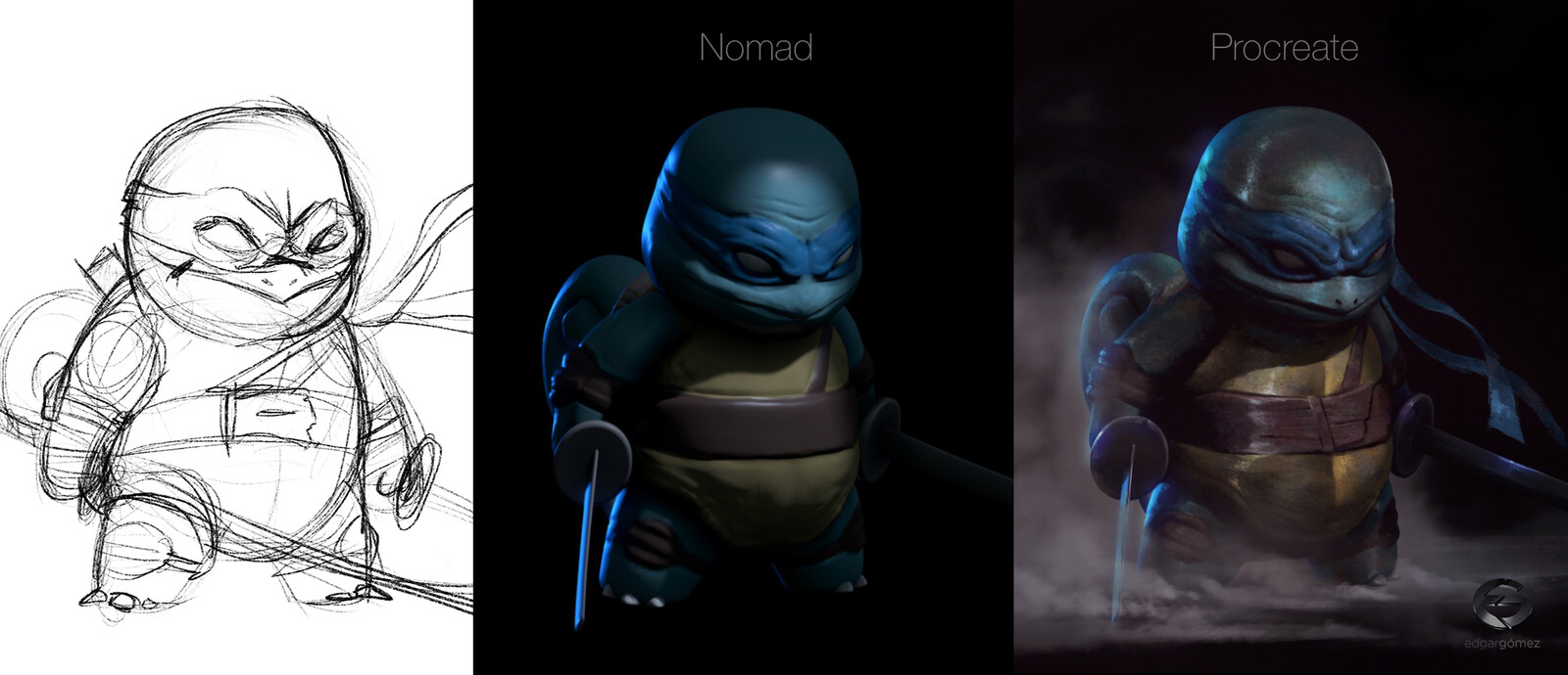 Sketch / Basis sculpintg on Nomad / Painting process on Procreate