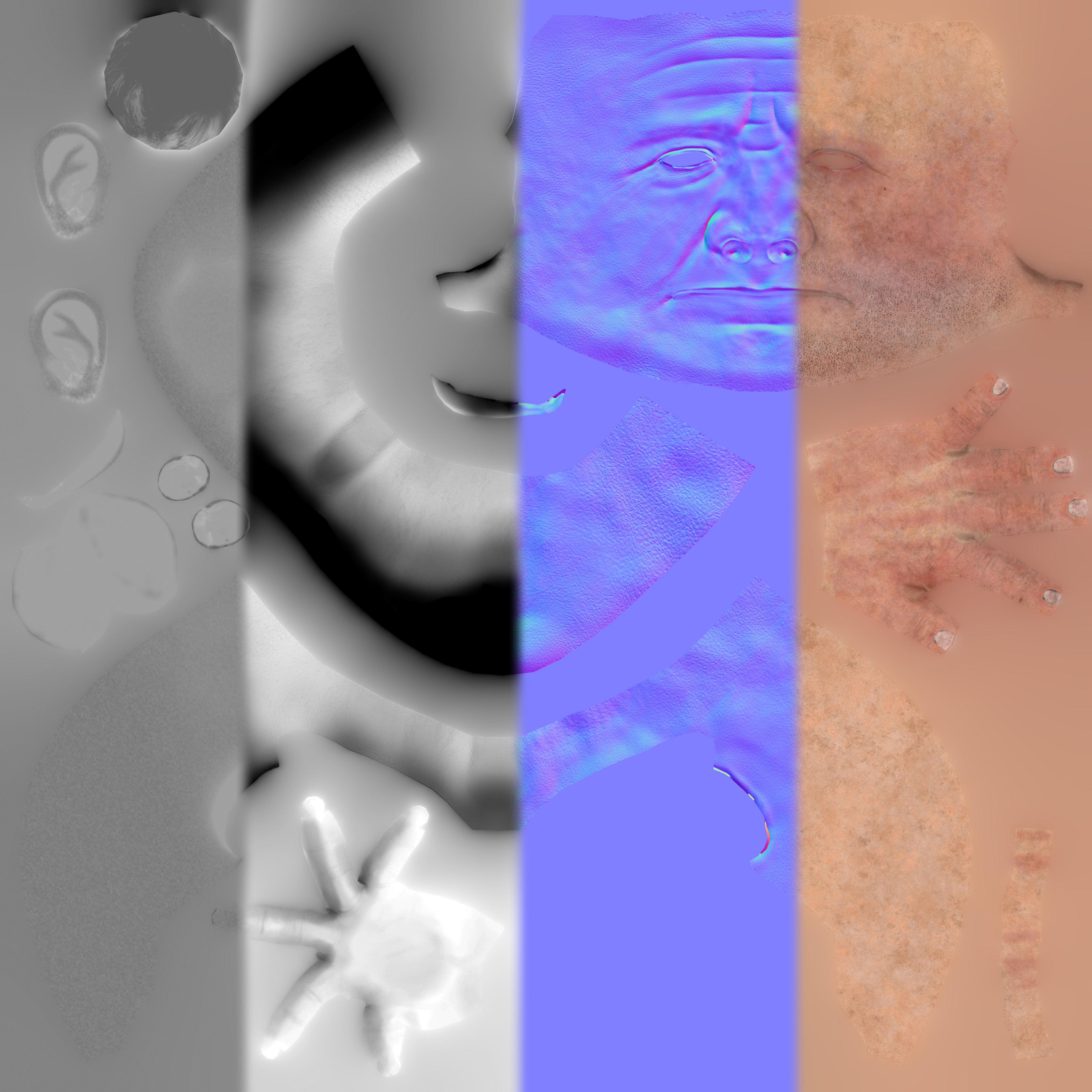 These are the Skin 4k Maps - Consisting from left to right: Roughness, AO, Normal and Albedo/Base Colour.