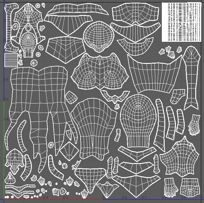 Character UVs. Character has 1 texture set that is spread across 2 materials.