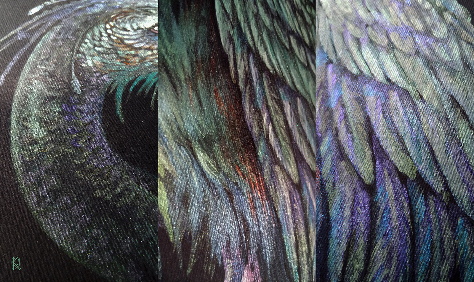 Details and shine of interference watercolors.