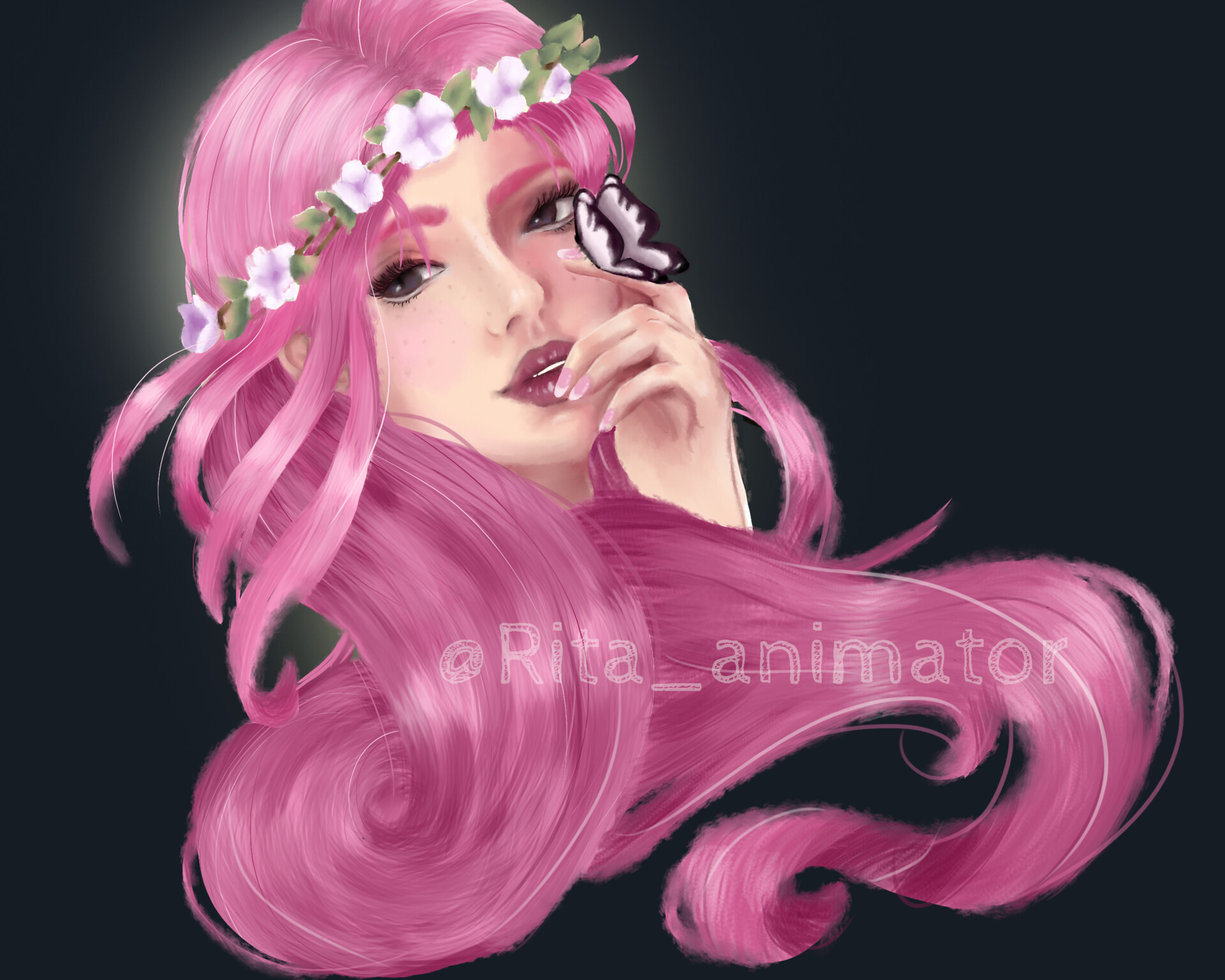 ArtStation - pink hair girl butterfly